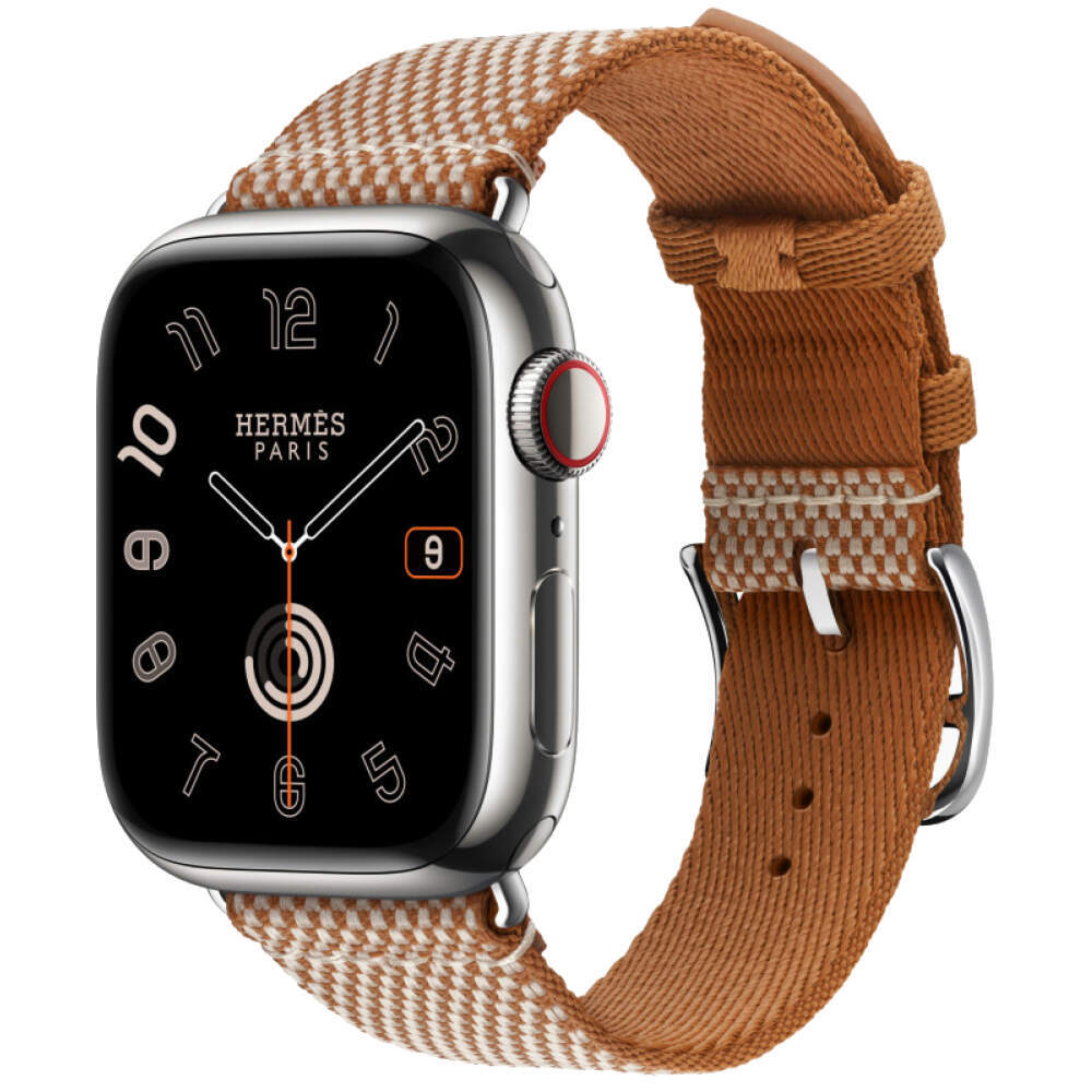 Apple Watch Series 10 Hermes, 42 мм корпус из титана цвета «Silver», нейлоновый ремешок Toile H Single Tour Gold/Ecru (Золотой)