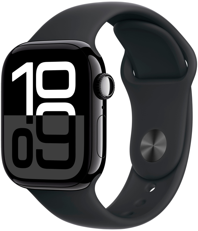 Apple Watch Series 10, 46 мм корпус из алюминия цвета «JetBlack», силиконовый спортивный ремешок "Black"