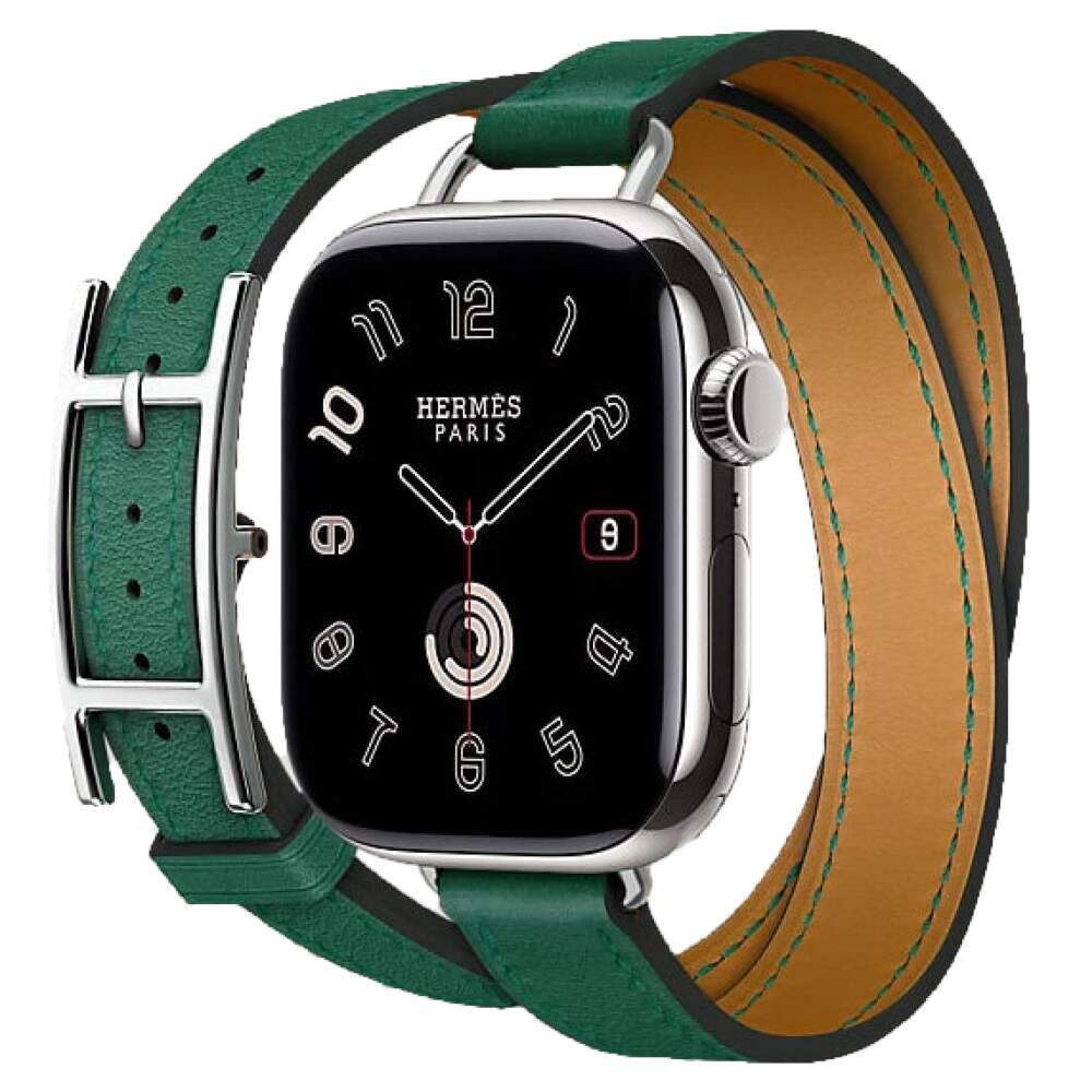 Apple Watch Series 10 Hermes, 42 мм корпус из титана цвета «Silver», кожаный ремешок Hapi Attelage Double Vert Moyen (Зелёный)