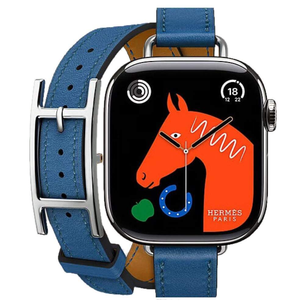 Apple Watch Series 10 Hermes, 42 мм корпус из титана цвета «Silver», кожаный ремешок Hapi Attelage Tour Bleu de France (Синий)