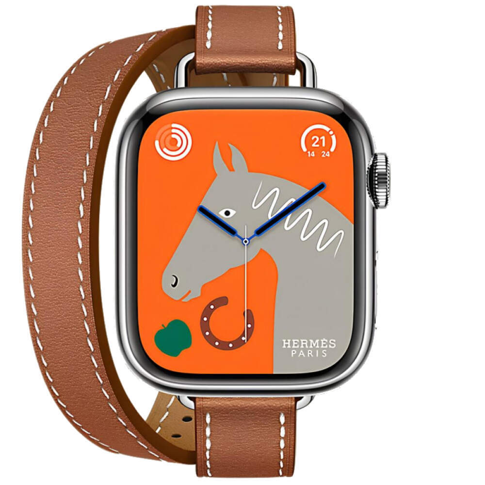 Apple Watch Series 10 Hermes, 42 мм корпус из титана цвета «Silver», кожаный ремешок Attelage Double Gold (Коричневый)