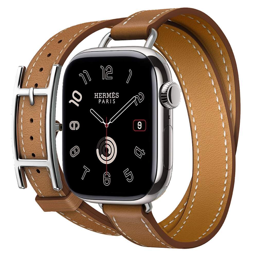 Apple Watch Series 10 Hermes, 42 мм корпус из титана цвета «Silver», кожаный ремешок Hapi Attelage Double Tour Gold (Коричневый)