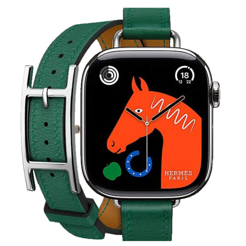 Apple Watch Series 10 Hermes, 42 мм корпус из титана цвета «Silver», кожаный ремешок Hapi Attelage Double Vert Moyen (Зелёный)