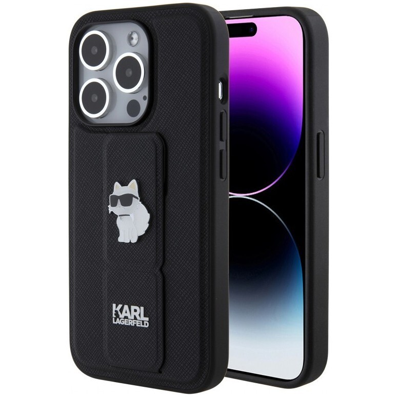 Чехол Karl Lagerfeld GripStand PU Saffiano NFT Choupette metal для iPhone 15 Pro Hard Black(Чёрный)
