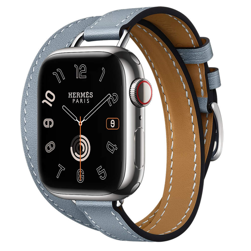 Apple Watch Series 10 Hermes, 42 мм корпус из титана цвета «Silver», кожаный ремешок Attelage Double Bleu Lin (Голубой)