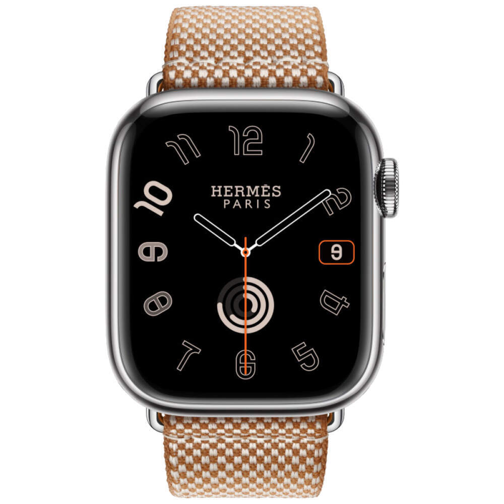 Apple Watch Series 10 Hermes, 42 мм корпус из титана цвета «Silver», нейлоновый ремешок Toile H Single Tour Gold/Ecru (Золотой)