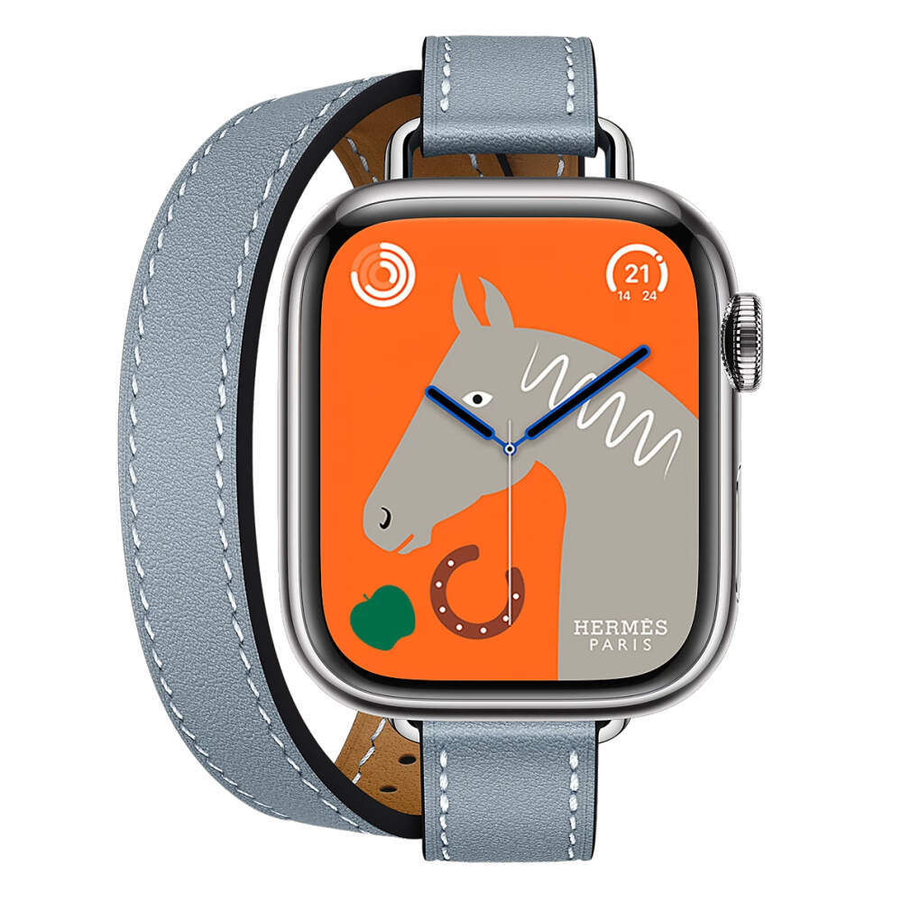 Apple Watch Series 10 Hermes, 42 мм корпус из титана цвета «Silver», кожаный ремешок Attelage Double Bleu Lin (Голубой)