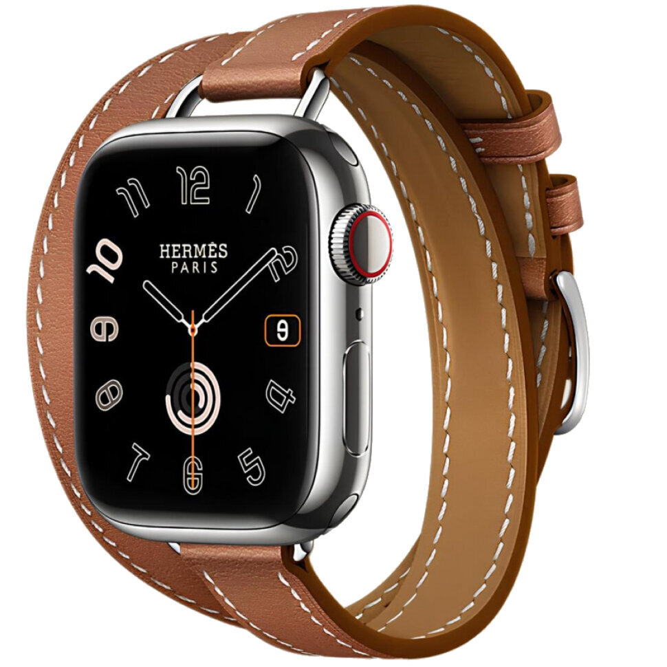 Apple Watch Series 10 Hermes, 42 мм корпус из титана цвета «Silver», кожаный ремешок Attelage Double Gold (Коричневый)