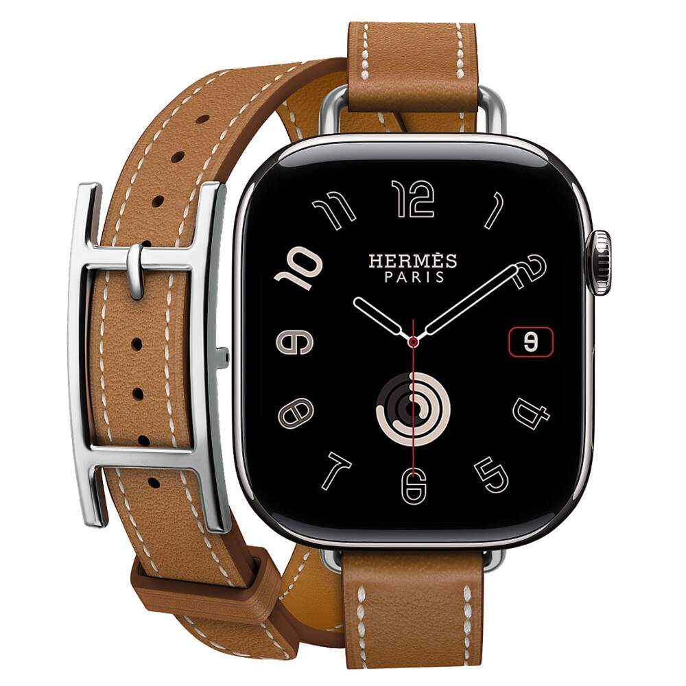 Apple Watch Series 10 Hermes, 42 мм корпус из титана цвета «Silver», кожаный ремешок Hapi Attelage Double Tour Gold (Коричневый)