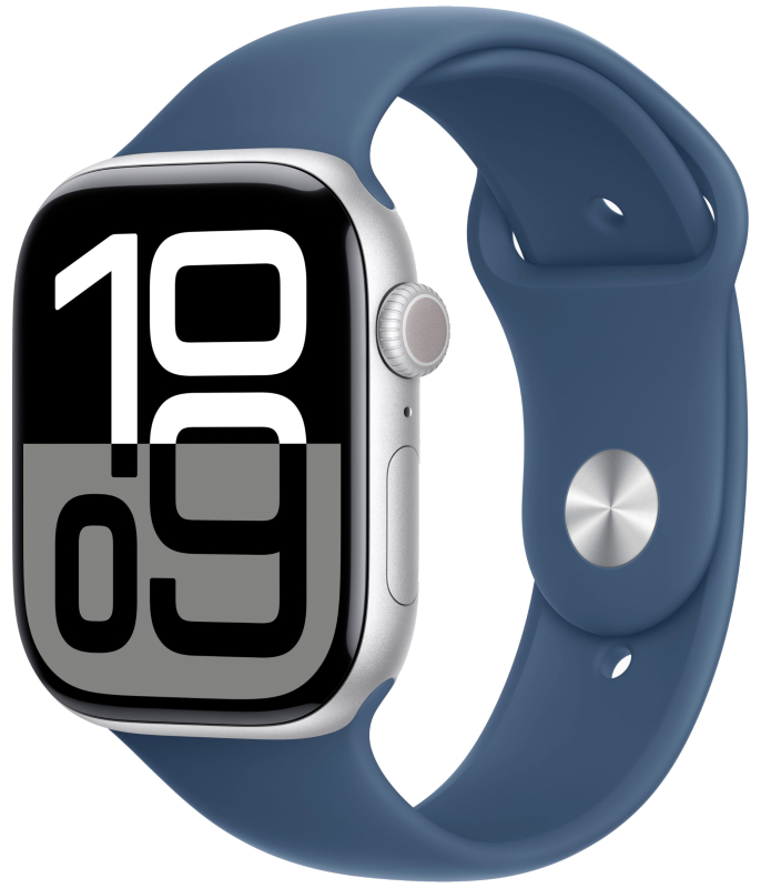 Apple Watch Series 10, 42 мм корпус из алюминия цвета «Silver», силиконовый спортивный ремешок "Denim"